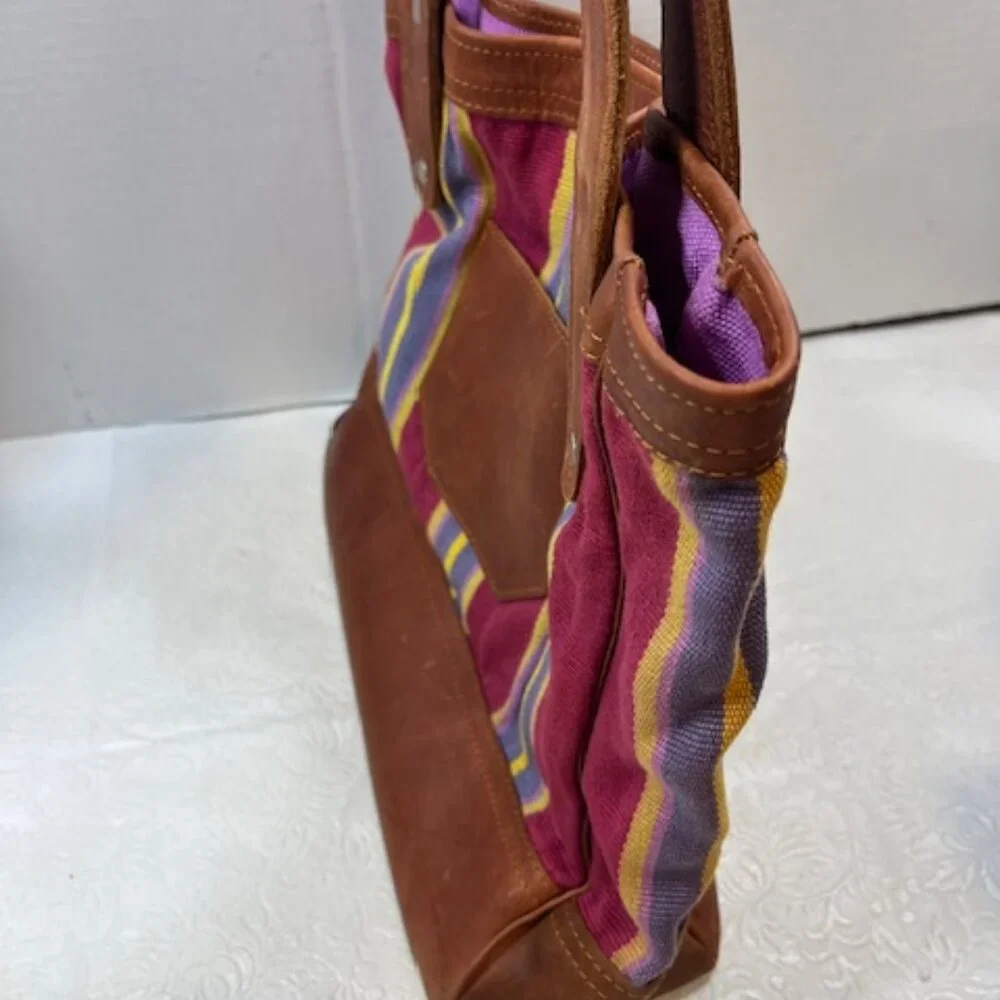 VTG Brown Leather & Striped Tapestry Handbag Snap Closure 11